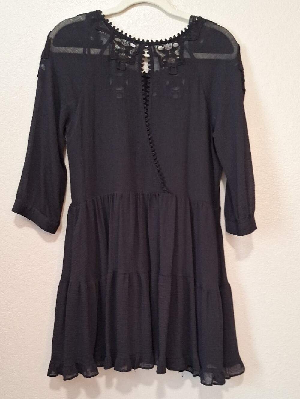 Free People Flouncy Black Crochet-Yoke Tiered Dress, Small - Picture 5 of 7
